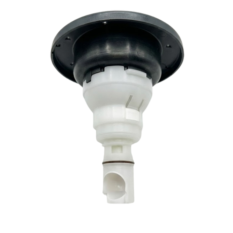 Three-quarter rear bottom view of a Halo 5 ROTO plastic spa jet internal insert, showing the dark grey back of its circular face flange, white stepped plastic body, locking clips, and narrow stem with an O-ring.