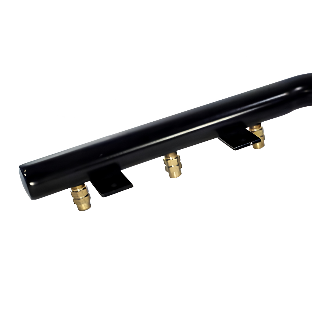 Close-up view of the black burner manifold pipe from a Hayward LPG propane conversion kit for 150MJ heaters, showing the brass gas orifices and metal mounting brackets.