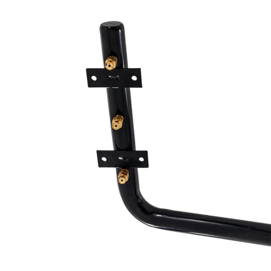 Close-up view of the black gas burner manifold pipe from a Hayward LPG propane conversion kit for 150MJ pool heaters, showing three brass orifices and two black mounting brackets.