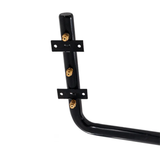Close-up view of the black gas burner manifold pipe from a Hayward LPG propane conversion kit for 150MJ pool heaters, showing three brass orifices and two black mounting brackets.