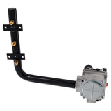 Underside view of a Hayward LPG propane conversion kit for H-Series 150MJ pool heaters, showing the circular bottom of the gas valve regulator and three brass burner orifices attached to the manifold arm.