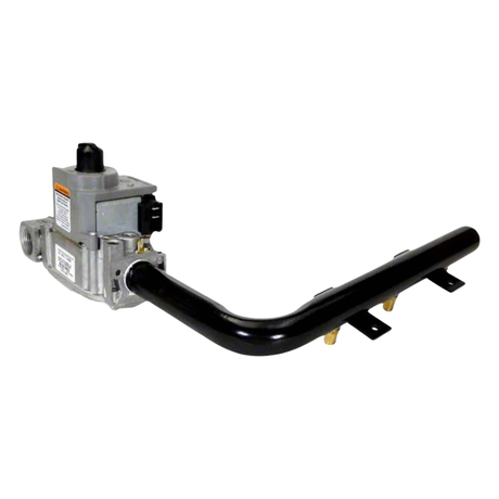 Hayward liquid petroleum gas LPG propane conversion kit assembly for H-Series 150MJ pool heaters, featuring the gas valve body regulator and attached burner manifold pipe with brass orifices.