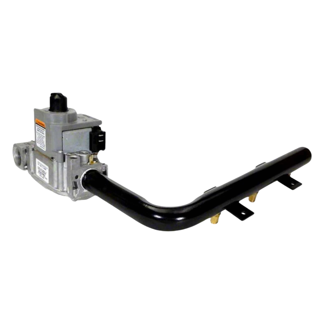 Hayward liquid petroleum gas LPG propane conversion kit assembly for H-Series 150MJ pool heaters, featuring the gas valve body regulator and attached burner manifold pipe with brass orifices.