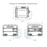 Technical dimension schematic diagram for the Hayward H150FDAU Universal H-Series pool and spa heater, detailing front, left, and right side measurements in centimeters.