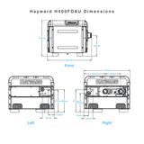 Technical dimension schematic diagram for the Hayward H400FDAU Universal H-Series pool and spa heater, detailing front, left, and right side measurements in centimeters.