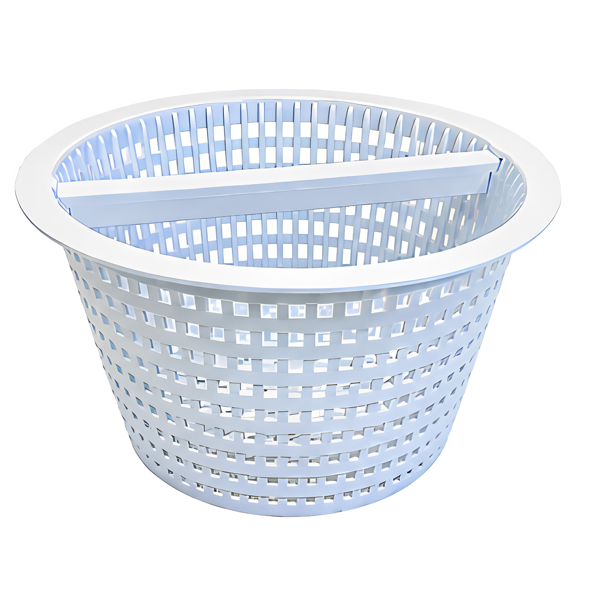 White plastic Hayward SPX1094FA replacement pool skimmer basket featuring a durable molded handle and square slot grid for swimming pool debris filtration.