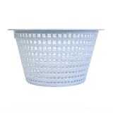 Side profile view of a white plastic Hayward SPX1094FA pool skimmer basket showing tapered dimensions and slotted drainage grid for swimming pool skimmers.