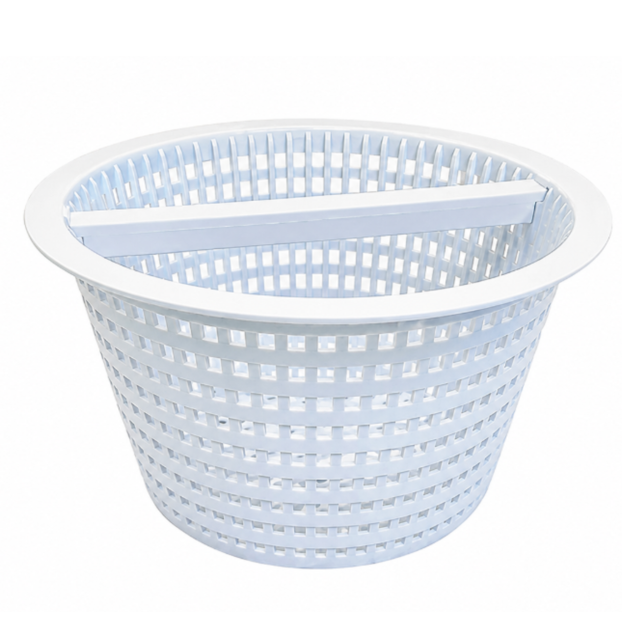 White plastic Hayward SPX1094FA pool skimmer basket replacement with a built-in top handle bar for swimming pool filtration.