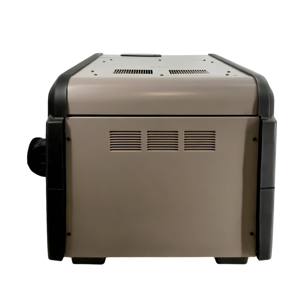 Direct back profile view of a tan and black Hayward Universal H-Series Low NOx 250MJ pool and spa heater, showcasing the rear ventilation louvers and side plumbing port.