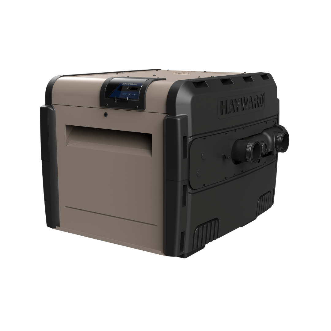 Three-quarter studio view of a tan and black Hayward Universal H-Series Low NOx 250MJ swimming pool and spa heater with the side plumbing ports visible and a closed digital control panel lid.