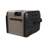 Three-quarter studio view of a tan and black Hayward Universal H-Series Low NOx 250MJ swimming pool and spa heater with the side plumbing ports visible and a closed digital control panel lid.