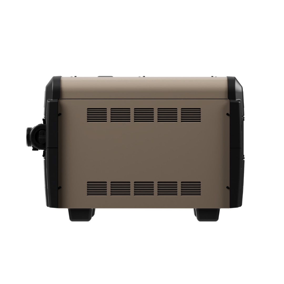 Direct back profile view of a tan and black Hayward Universal H-Series Low NOx 400MJ pool and spa heater, showcasing the ventilation louvers and side plumbing port.