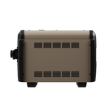 Direct back profile view of a tan and black Hayward Universal H-Series Low NOx 400MJ pool and spa heater, showcasing the ventilation louvers and side plumbing port.