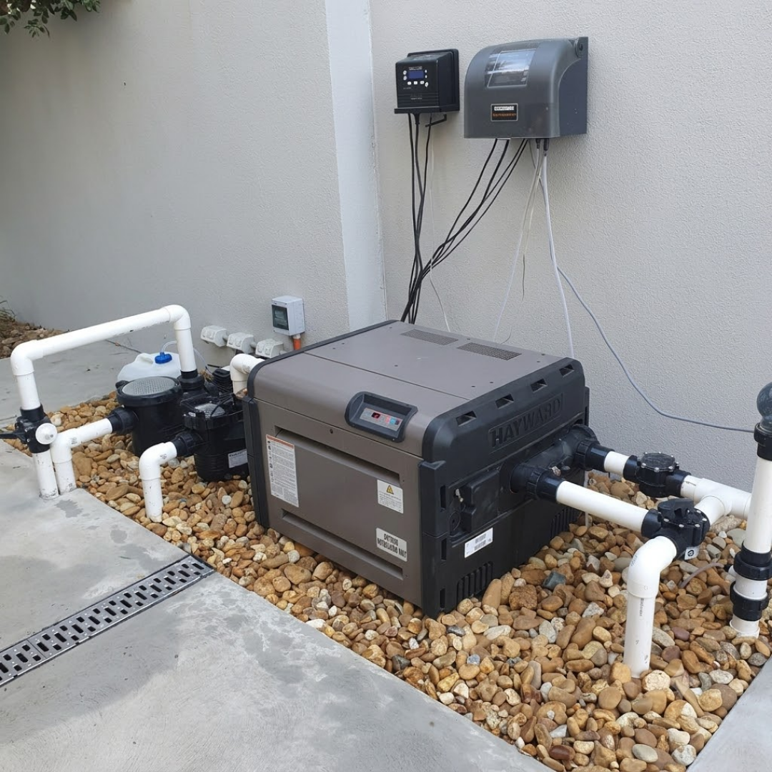 Outdoor installation of a tan and black Hayward Universal H-Series Low NOx 400MJ pool and spa heater on a pebble-paved equipment pad, fully integrated with PVC plumbing pipes, a filtration pump, and wall-mounted automated controllers.