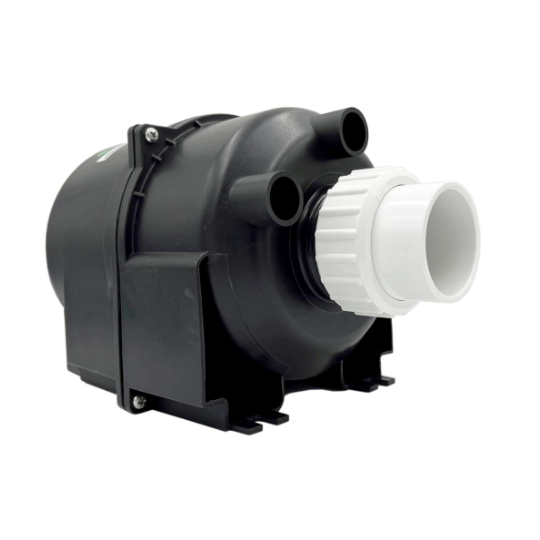 A black heated spa bath air blower motor unit featuring a white PVC pipe union fitting and built-in ports for an air switch connection, isolated on a white background.