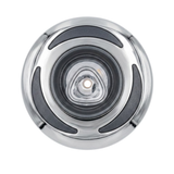Direct overhead front view of a Helix 4.5 ROTO stainless steel spa jet internal insert, showing a polished stainless steel outer bezel ring with three dark textured crescent inserts and a central clear rotational nozzle.