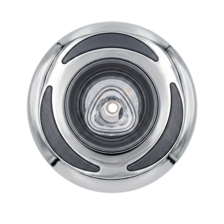 Direct overhead front view of a Helix 4.5 ROTO stainless steel spa jet internal insert, showing a polished stainless steel outer bezel ring with three dark textured crescent inserts and a central clear rotational nozzle.