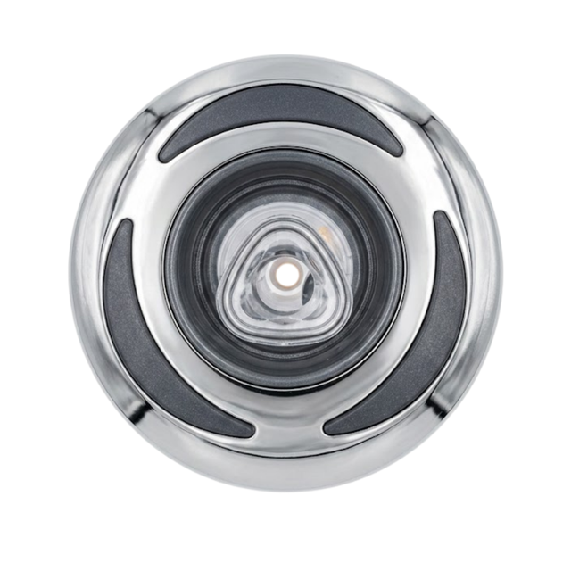 Direct overhead front view of a Helix 4.5 ROTO stainless steel spa jet internal insert, showing a polished stainless steel outer bezel ring with three dark textured crescent inserts and a central clear rotational nozzle.
