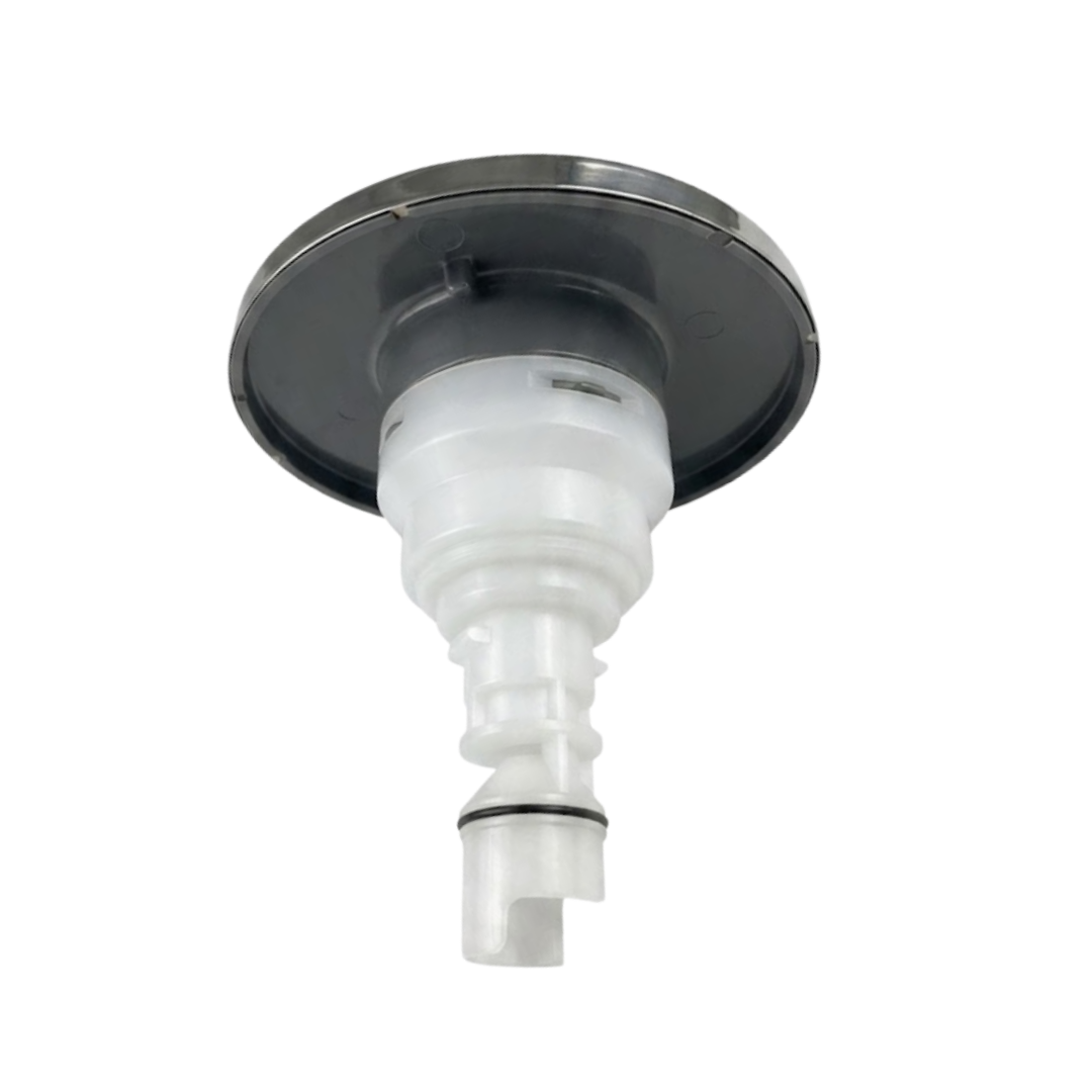 Three-quarter rear view of a Helix 4.5 ROTO stainless steel spa jet internal insert, showing the dark grey back of its circular face flange, white stepped plastic body, locking tabs, and narrow rear stem with an O-ring.