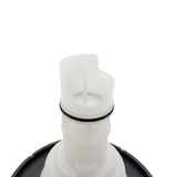 Close-up view of the white plastic stem end of a Helix 4.5 ROTO stainless steel spa jet internal insert, showing a black rubber O-ring seal, alignment tabs, and notched tip.