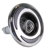 Three-quarter angled studio view of a Helix 4.5 ROTO stainless steel spa jet internal insert, featuring a polished metal bezel with three dark grey crescent accents, a central clear rotational nozzle, and an extending rear stem.