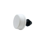 A left angled side view of a white Herga spa air button showing the raised round bellows push cap and black plastic threaded mounting stem with hex nut