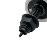 A close up macro view of the black plastic threaded stem on a Herga spa air button showing the hex lock nut and the tapered pneumatic air hose barb connection tip