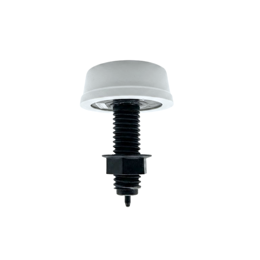 A horizontal side profile view of a white Herga spa air button showing the raised round bellows cap over the long black plastic threaded mounting stem with hex lock nut