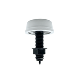 A horizontal side profile view of a white Herga spa air button showing the raised round bellows cap over the long black plastic threaded mounting stem with hex lock nut