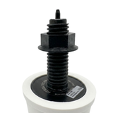 A close up inverted view of the black plastic threaded stem on a white Herga spa air button showing the hex lock nut, product sticker label, and the pneumatic hose barb tip