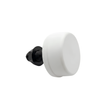 An angled side view of a white Herga spa air button switch showing the raised round white bellows cap and black plastic threaded mounting stem with lock nut