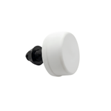 An angled side view of a white Herga spa air button switch showing the raised round white bellows cap and black plastic threaded mounting stem with lock nut