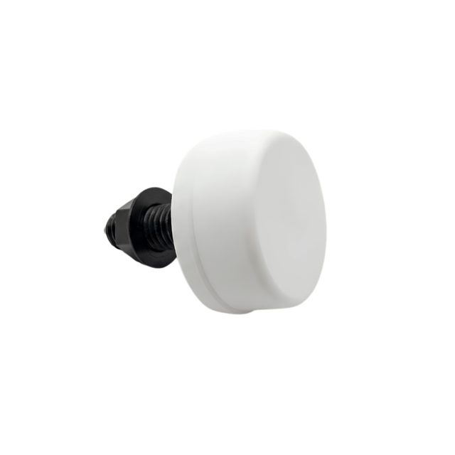 An angled side view of a white Herga spa air button switch showing the raised round white bellows cap and black plastic threaded mounting stem with lock nut