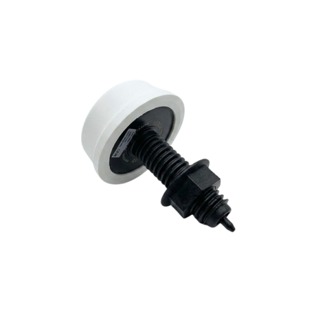 A rear angled view of a white Herga spa air button showing the black plastic threaded mounting stem with a hex lock nut and the air hose connection nozzle tip
