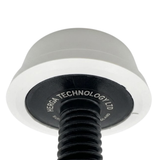 A close up underside perspective of a white Herga spa air switch button showing the printed Herga Technology Ltd manufacturer text on the black base plate and the black threaded plastic stem
