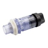 A rear three quarter view of a clear acrylic spa spillway diverter valve assembly showing the white plastic retention lock nut and the hollow injection plumbing port