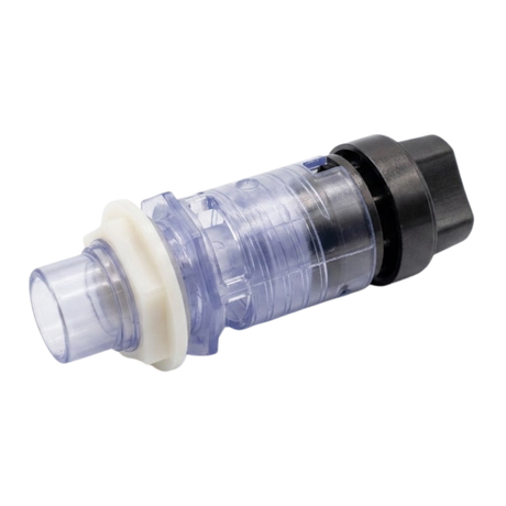 A rear three quarter view of a clear acrylic spa spillway diverter valve assembly showing the white plastic retention lock nut and the hollow injection plumbing port