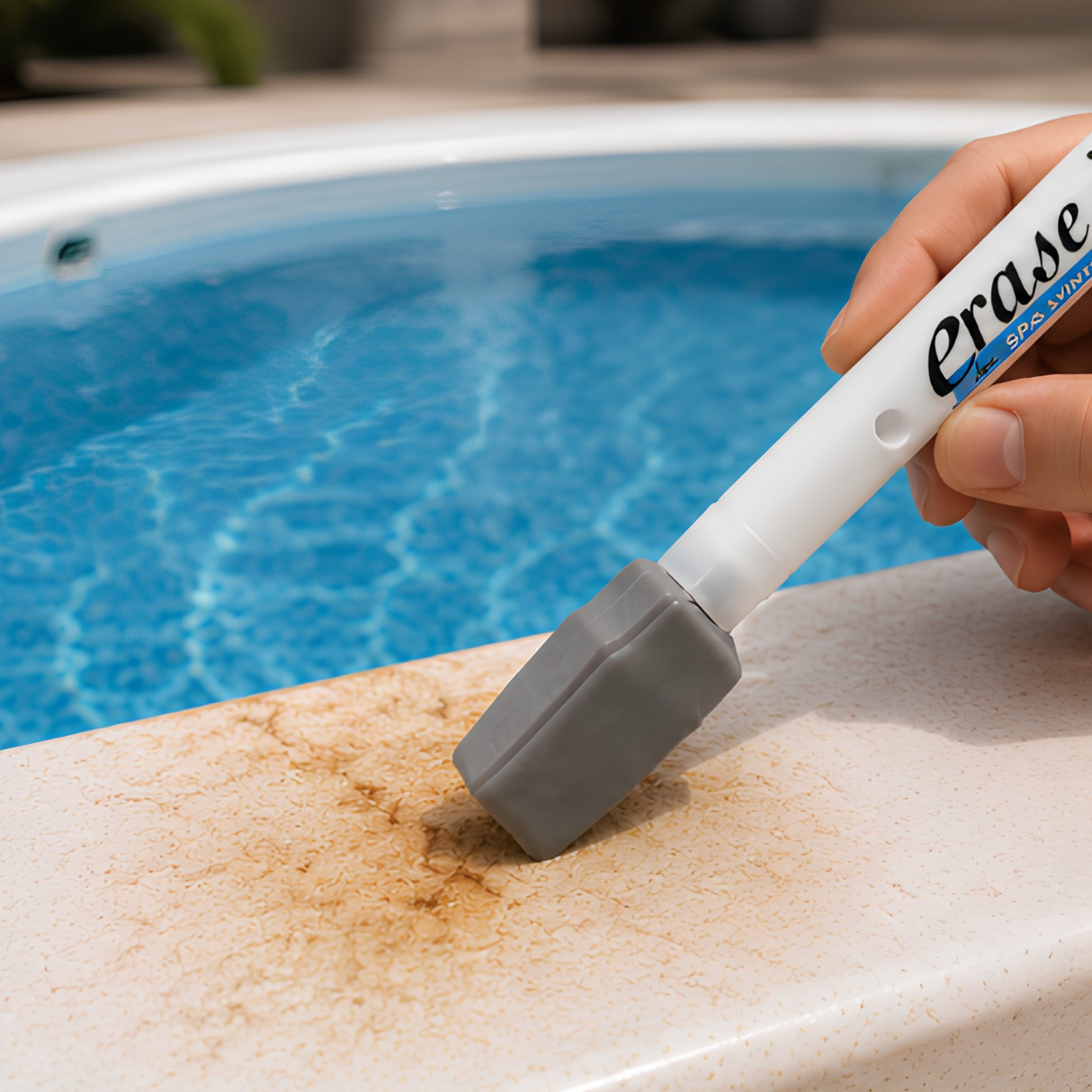 Using the Erase It tool to scrub away a brown rust stain on the white coping edge of a vinyl swimming pool.