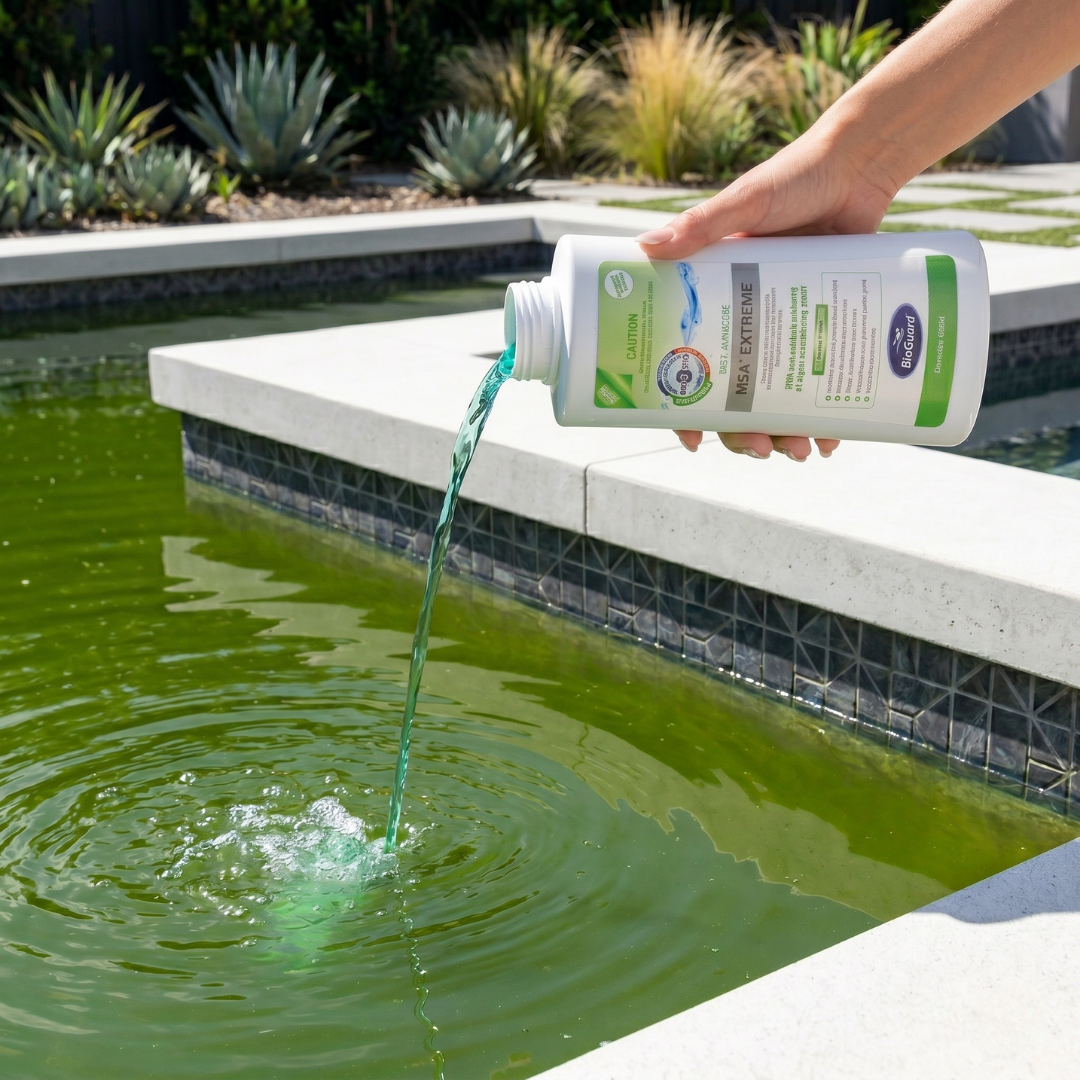 A person pouring blue liquid BioGuard MSA Extreme Pool Algaecide directly into a green swimming pool to treat a severe algae infestation.