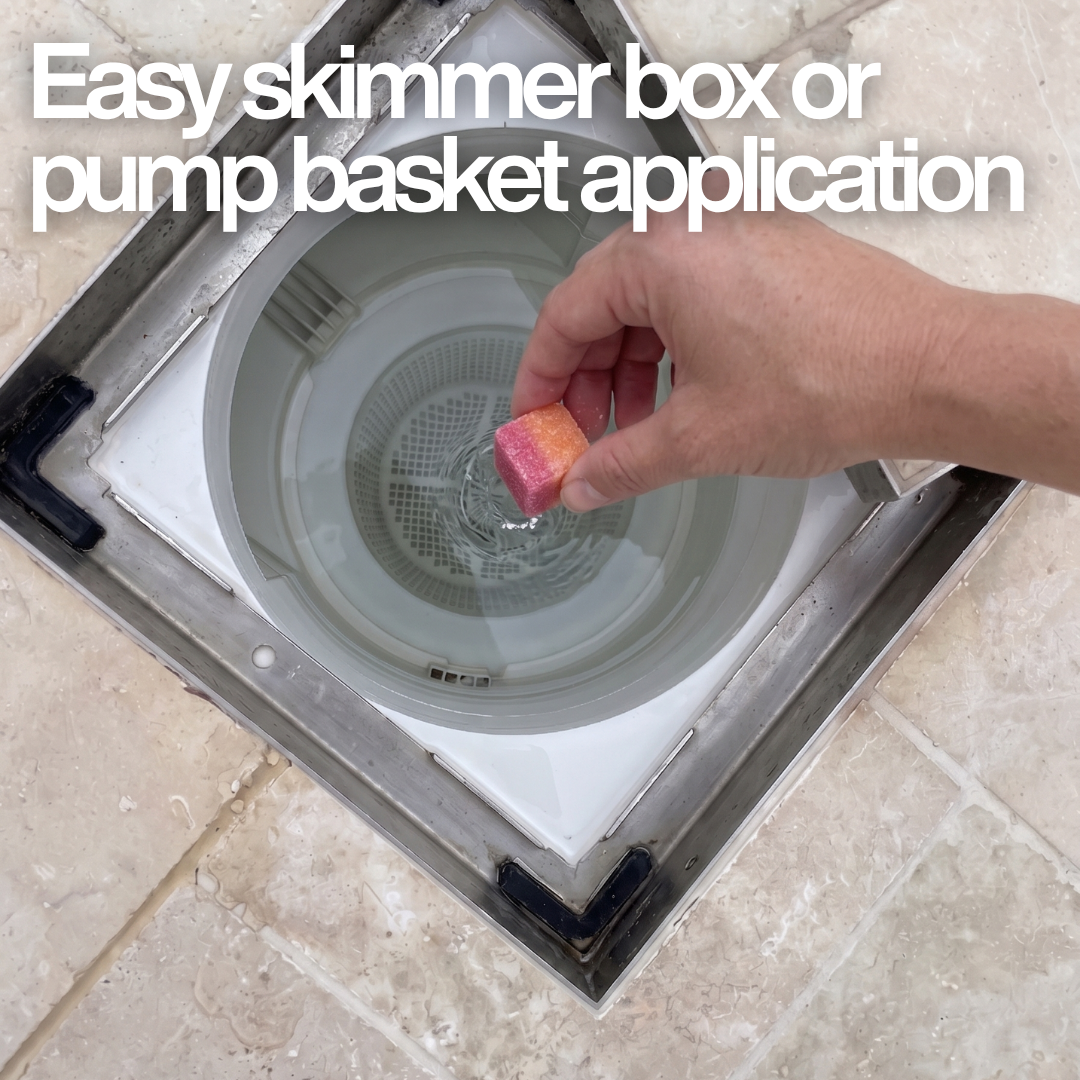A hand placing a BioGuard Mini Cube Water Clarifier block into a swimming pool skimmer box for easy application and steady release water treatment.