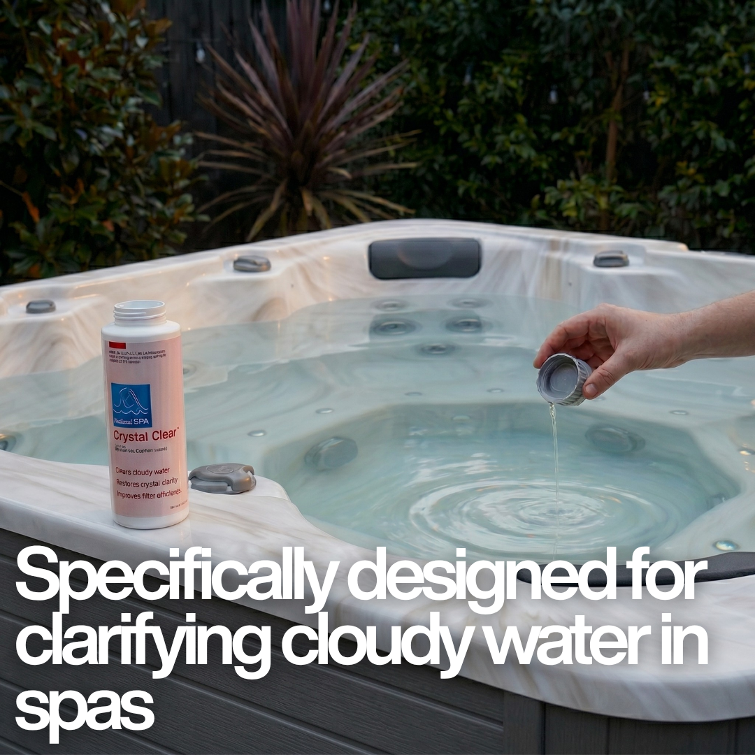 A person using the measuring cap to pour BioGuard SPA Crystal Clear water clarifier liquid directly into an outdoor hot tub. The bottle sits on the spa shell next to a large white text overlay reading "Specifically designed for clarifying cloudy water in spas."