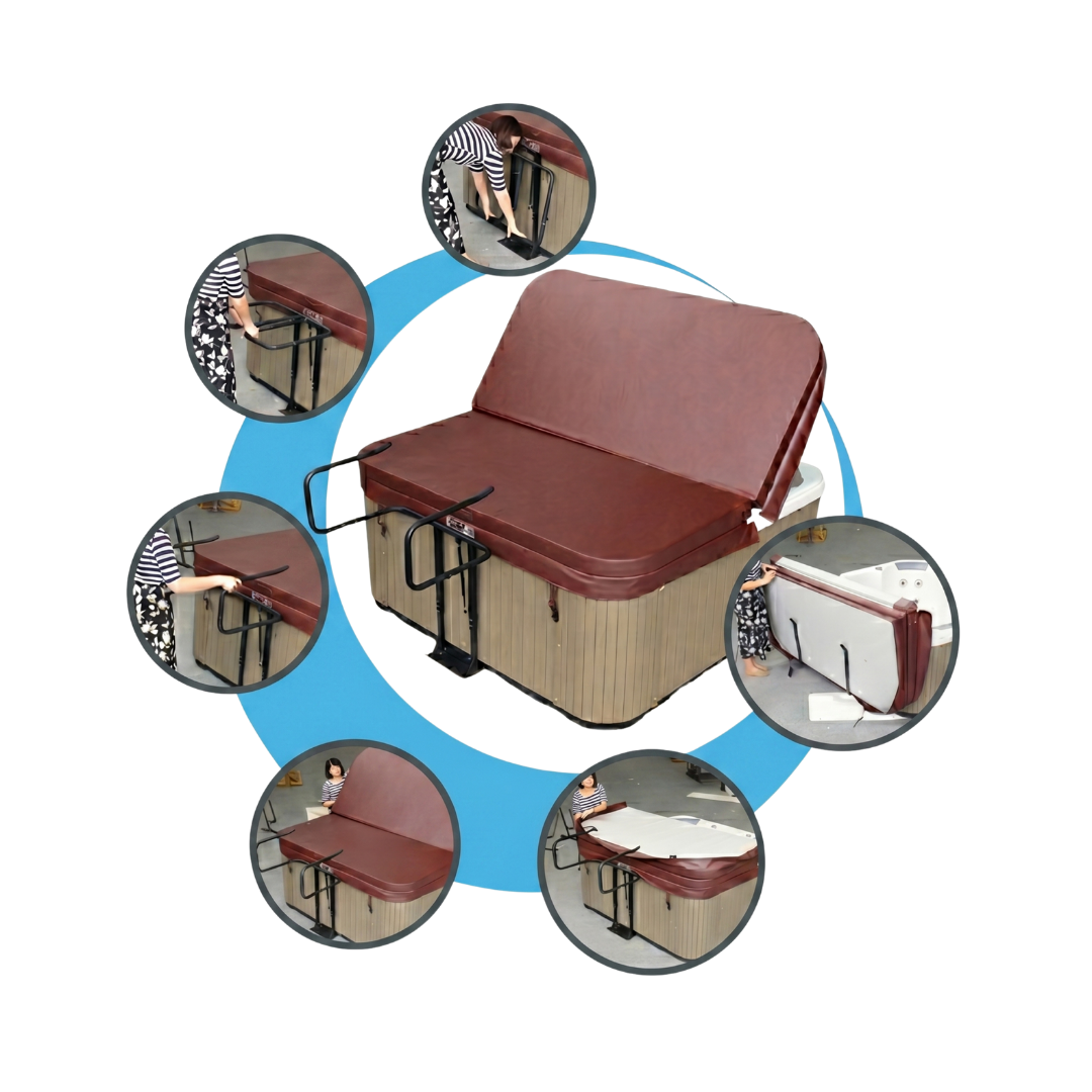 An instructional diagram isolated on a white background showing how to operate a gas spring-assisted hot tub cover lifter. The central image shows the partially opened brown cover, surrounded by circular step-by-step photos demonstrating a person unlocking, folding, and lifting the spa cover into place.