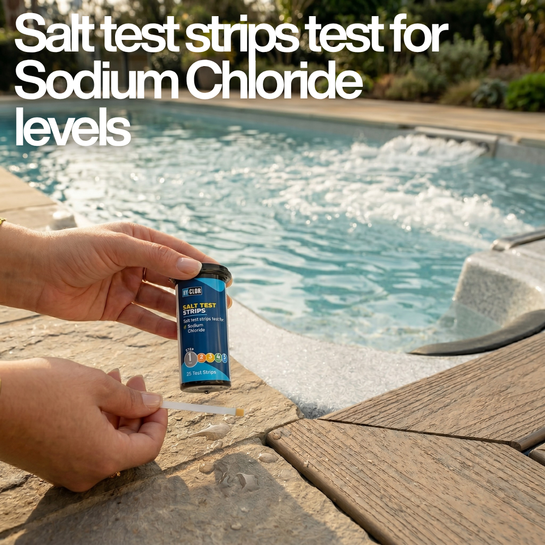 A person holding a bottle of Hy-Clor salt test strips and a test strip by an outdoor swimming pool with large white overlay text reading Salt test strips test for Sodium Chloride levels