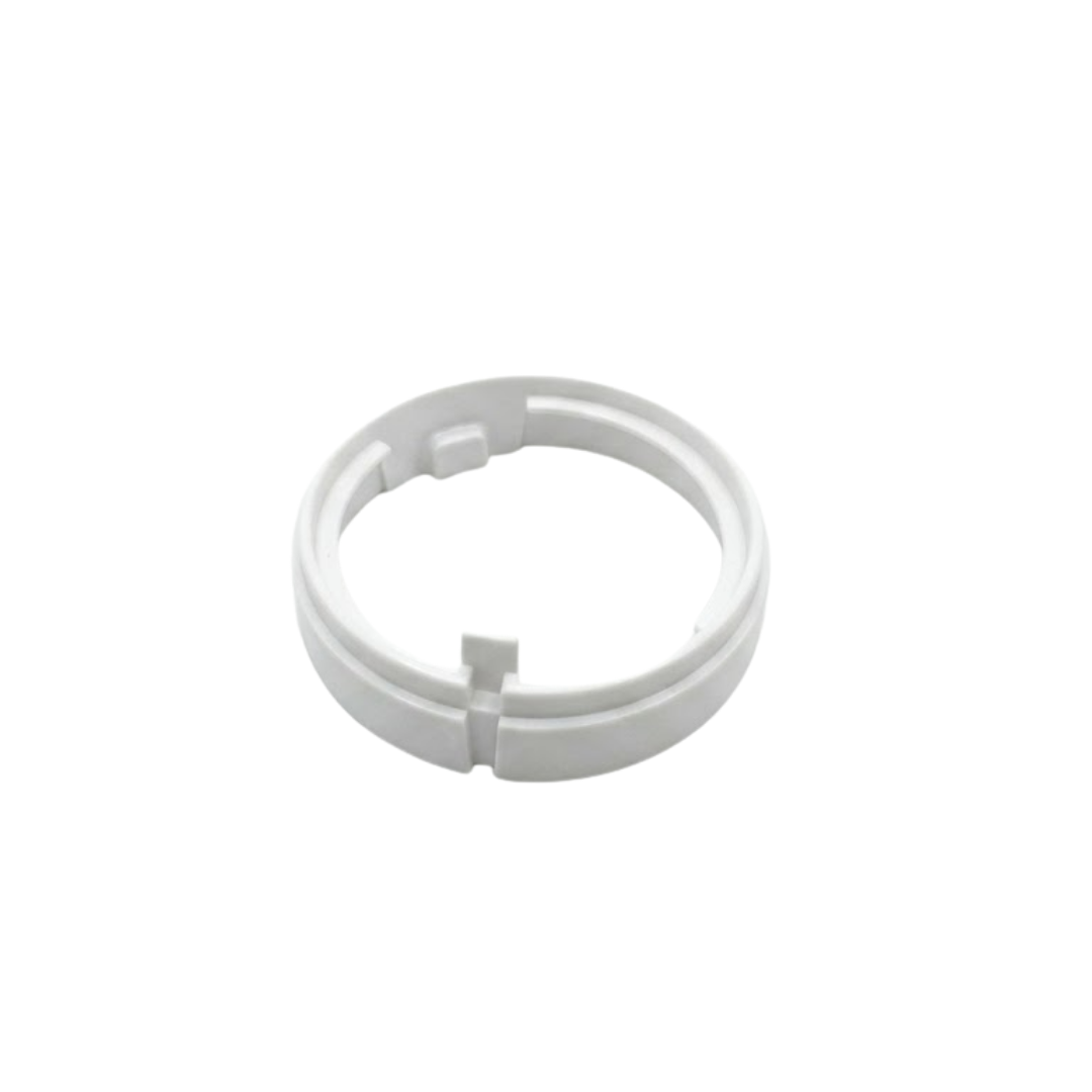 High-angle top view of a light grey plastic adapter ring for a HydroAir adjustable VSR spa jet, showing outer alignment slot, vertical tab, and inner mounting features.