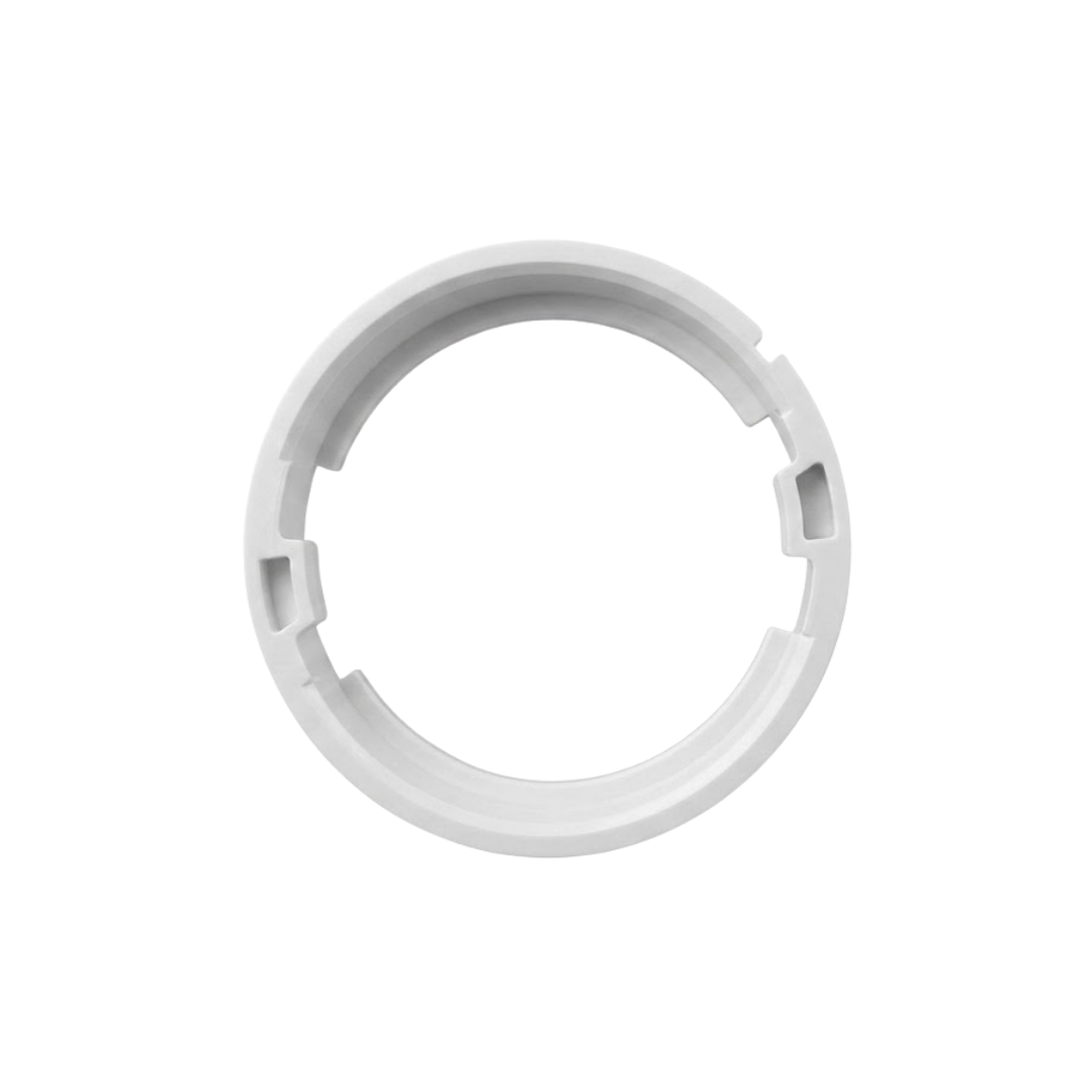 Direct top-down bottom-up view of a light grey plastic adapter ring for a HydroAir adjustable VSR spa jet, showing two square locking tab sockets and inner alignment notches.