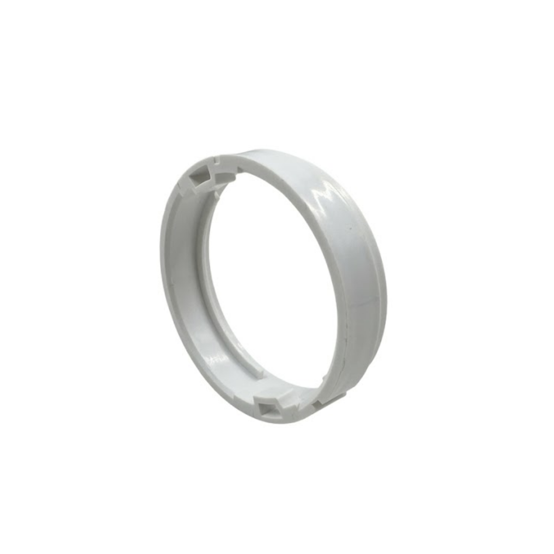 Three-quarter rear angled view of a light grey plastic adapter ring for a HydroAir adjustable VSR spa jet, showing two square locking tab sockets.