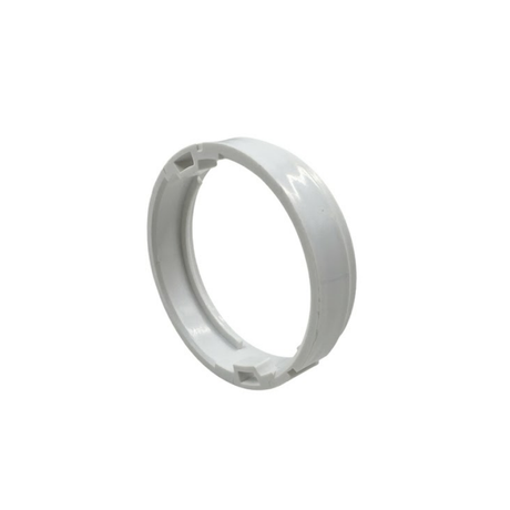 Three-quarter rear angled view of a light grey plastic adapter ring for a HydroAir adjustable VSR spa jet, showing two square locking tab sockets.