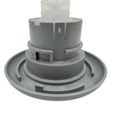 Close-up view of the rear grey body on a HydroAir adjustable VSR spa jet internal insert, showing the backside of the outer flange, stepped locking collar, and base of the translucent stem.
