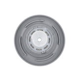 Direct overhead bottom-up view of the rear of a grey HydroAir adjustable VSR spa jet internal insert, showing the backside of the circular outer flange and concentric mounting rings.