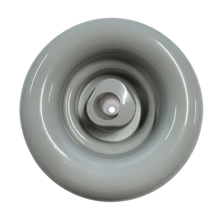 Direct overhead front view of a grey HydroAir adjustable VSR spa jet internal insert, featuring a smooth rounded outer bezel ring and a central rotational nozzle.